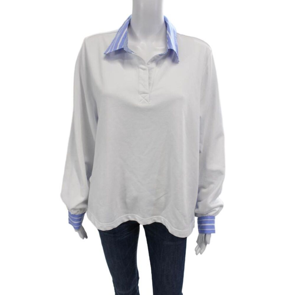 French Dressing Jeans Womens Cotton Striped Collared Blouse Top Blue Size L